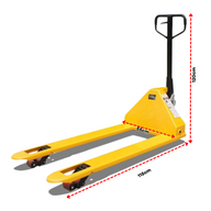 (MODELO ANGOSTO EUROPEO) Jack Pallet o Hand Pallet 115x55cm de Color Amarillo Capacidad de Carga 2500kg PMX-1165