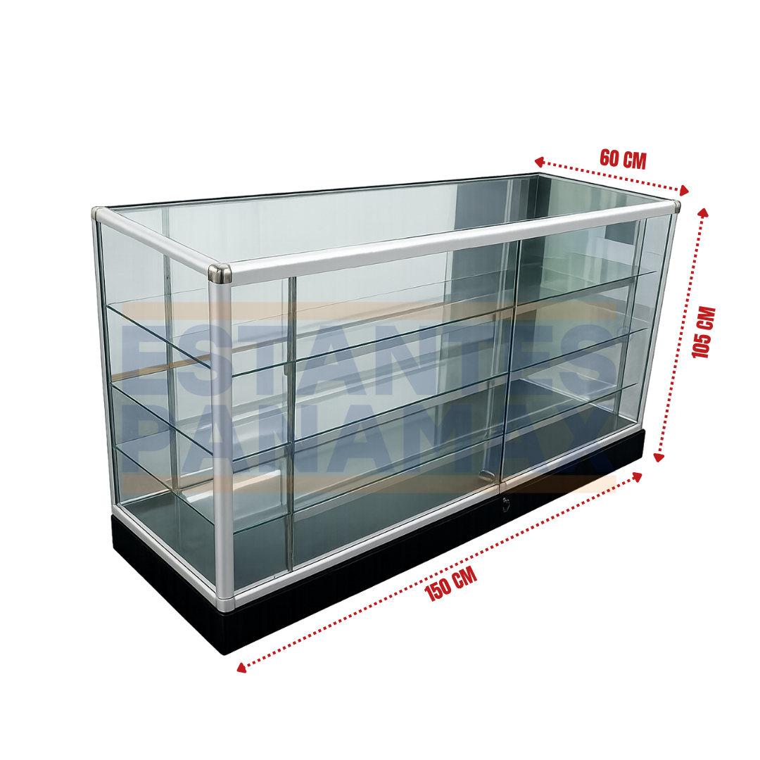 Vitrina de Aluminio Plateado con Base Negro 3 Niveles Vidrio Templado 105x150x60cm KW-011-150S