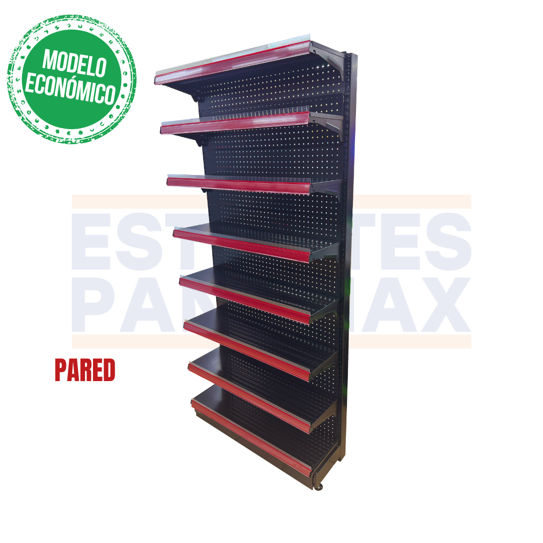 **MODELO ECONÓMICO** Góndola Pared Perforado Negro 8 Niveles 200x90x33cm 75kg/nivel PMX-3005-P