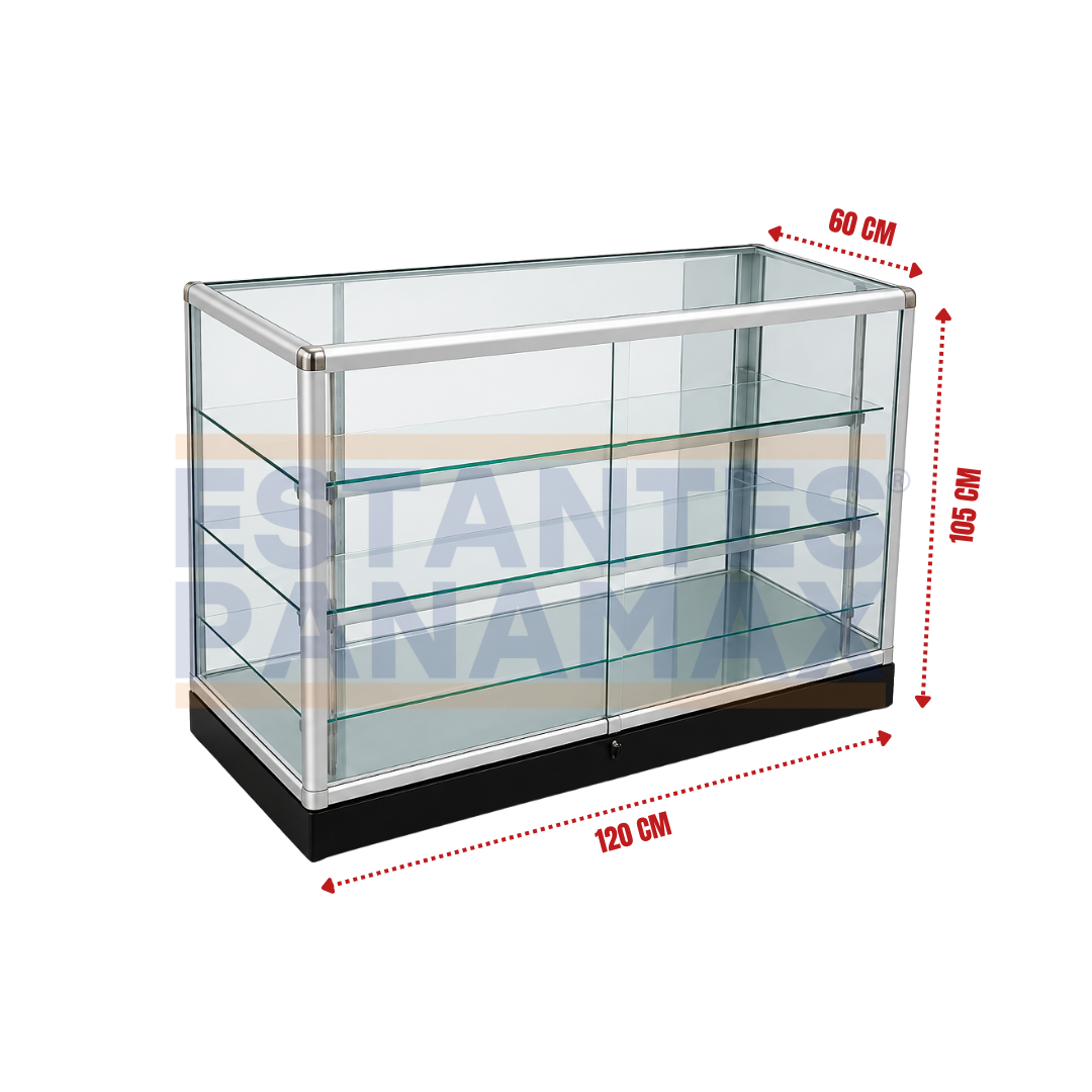 Vitrina de Aluminio Plateado con Base Negro 3 Niveles Vidrio Templado 105x120x60cm KW-011-120S