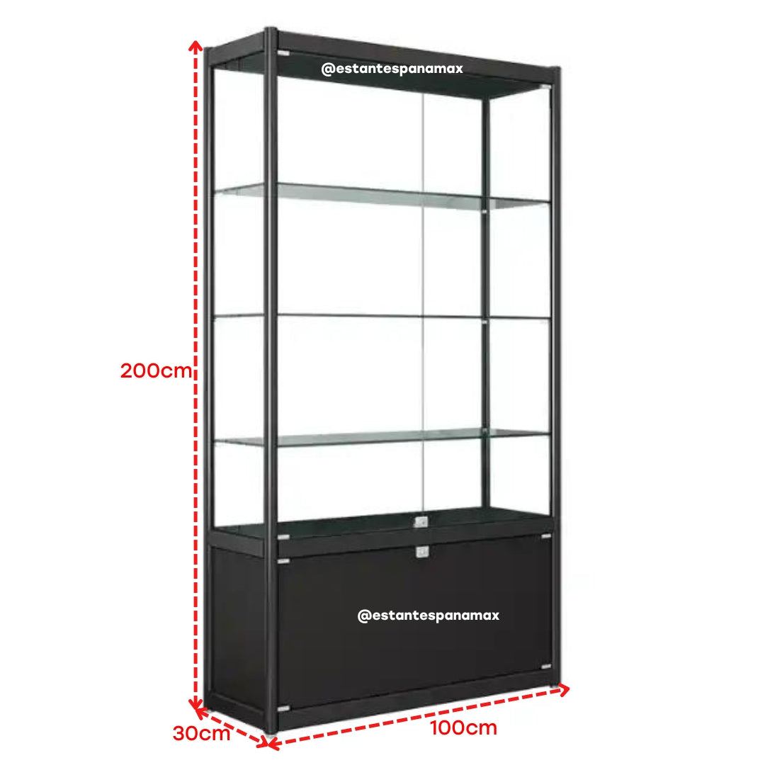 Vitrina Vertical con Luz de 3 Niveles con Gavetero Negro & Blanco con Plateado 200x100x30cm KD-010