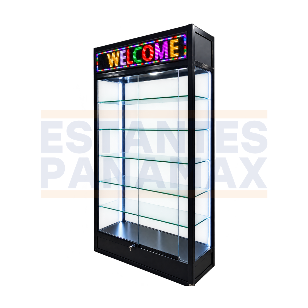 Vitrina Vertical Exhibidora Comercial de Vidrio con Iluminación Letrero LED, 5 Repisas y Puertas Corredizas con Cerradura 200×106×35cm KW-029