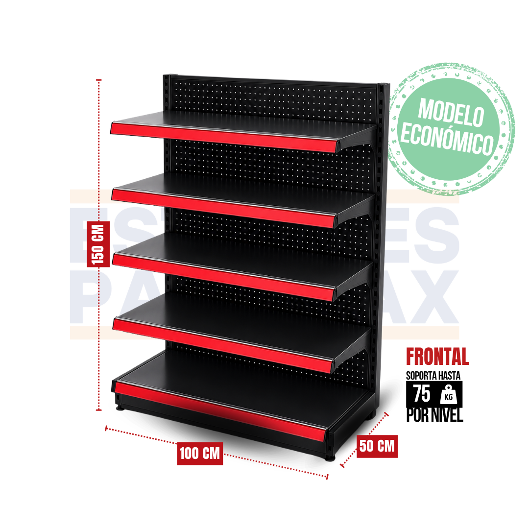 **MODELO ECONÓMICO** Góndola Frontal Perforado Negro 5 Niveles 150x100x50cm 75kg/nivel PMX-3009-F