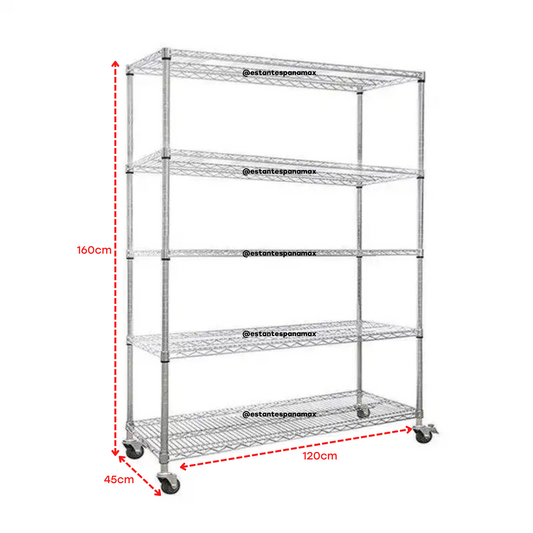 Rack Metálico Cromado con Ruedas & Frenos de 5 Niveles 80-100kg R160x120x45cm