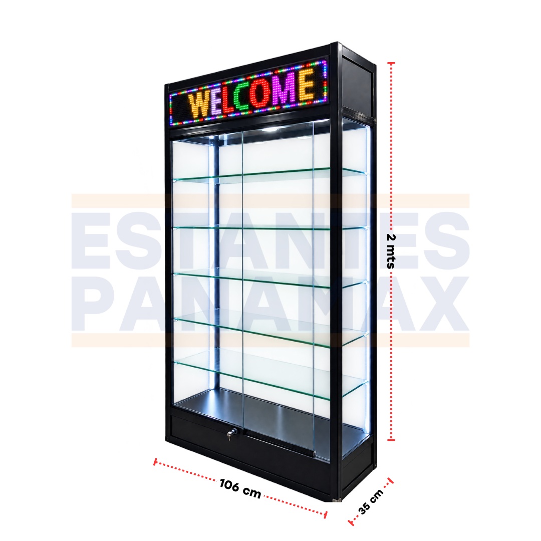 Vitrina Vertical Exhibidora Comercial de Vidrio con Iluminación Letrero LED, 5 Repisas y Puertas Corredizas con Cerradura 200×106×35cm KW-029