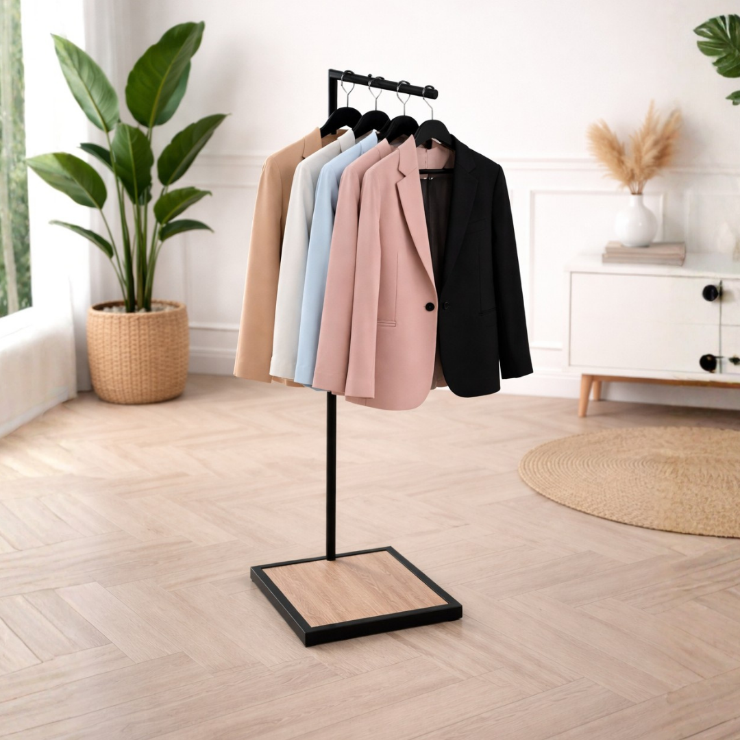 Perchero Exhibidor de Ropa Negro con Diseño Madera XBH-CR11