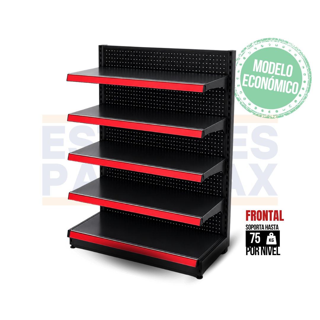 **MODELO ECONÓMICO** Góndola Frontal Perforado Negro 5 Niveles 150x100x50cm 75kg/nivel PMX-3009-F