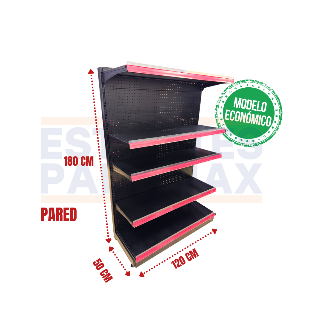 **MODELO ECONÓMICO** Góndola Pared Perforado Negro 5 Niveles 180x120x50cm 75kg/nivel PMX-3002-P
