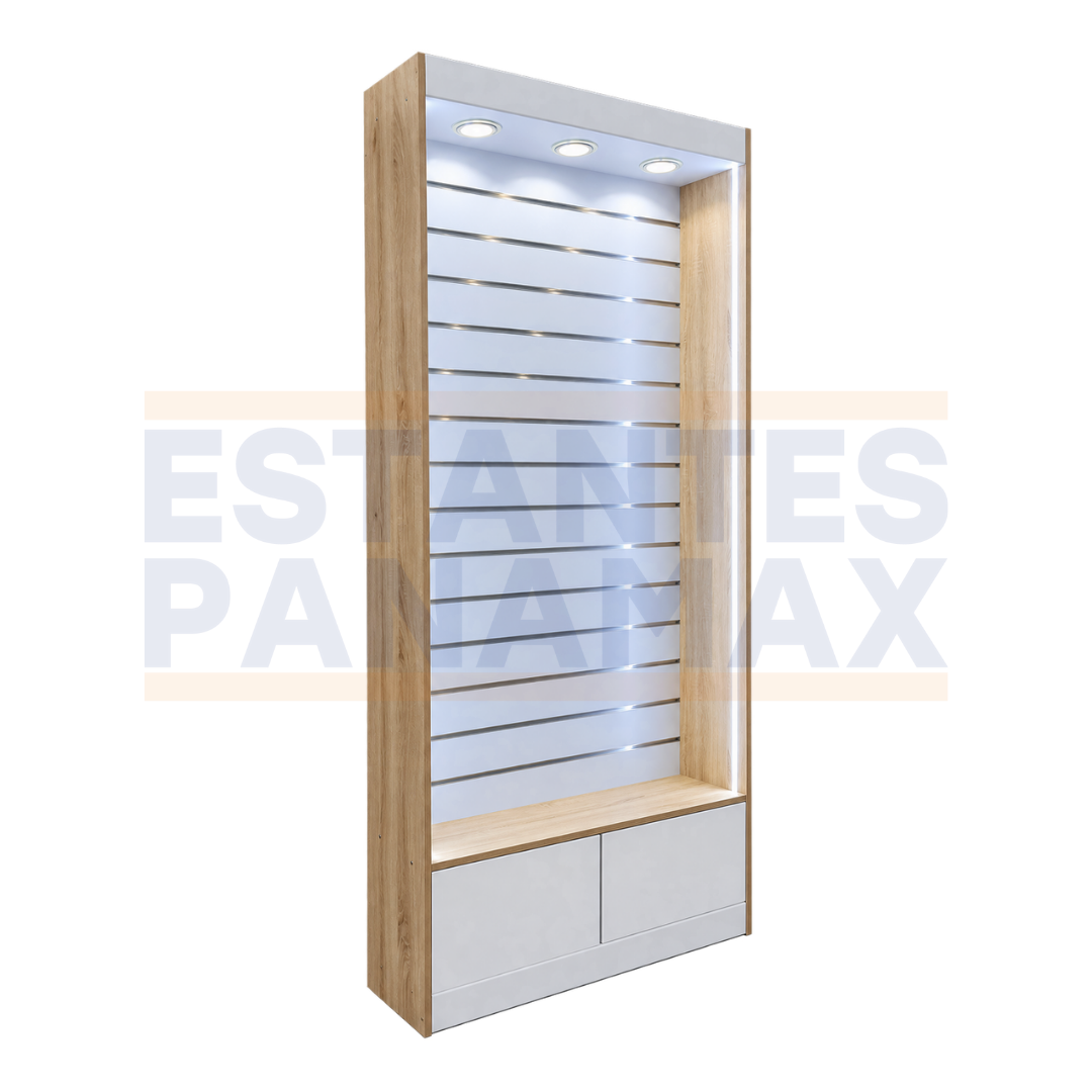 Exhibidor Comercial de Pared Ranurada Slatwall con Iluminación LED y Gabinete para Tiendas 240×103.6×30cm KW-028-103