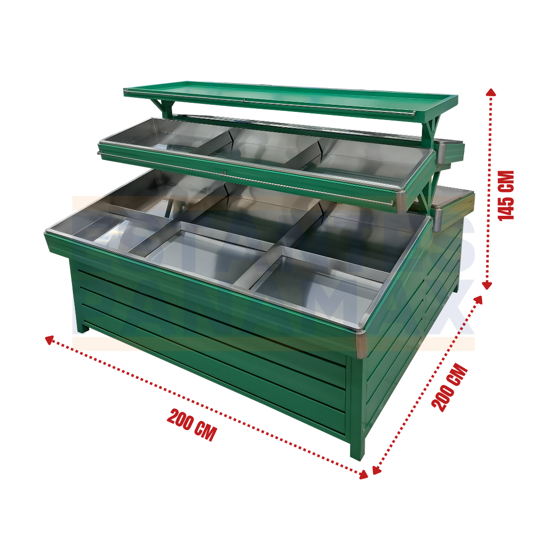 Mueble de Legumbre Doble Lado 3 Niveles de Metal Verde 145x200x200cm PMX-1308 Exhibidor. Frutas. Verdura.