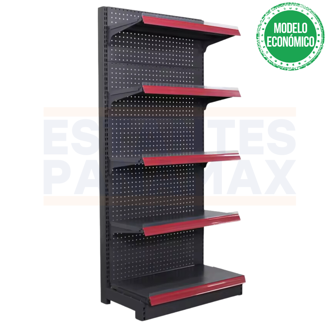 **MODELO ECONÓMICO** Góndola Frontal Perforado Negro 5 Niveles 180x100x50cm 75kg/nivel PMX-3002-F