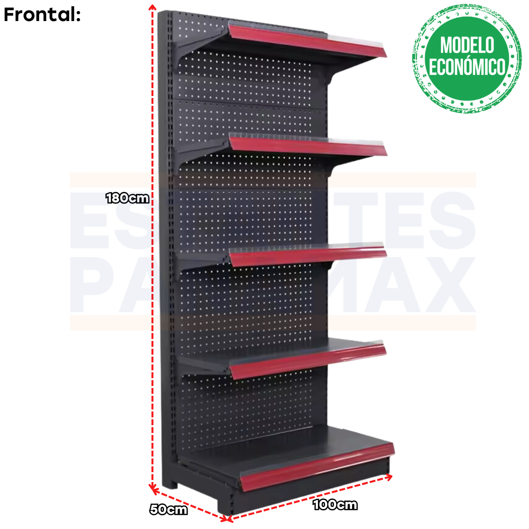 **MODELO ECONÓMICO** Góndola Frontal Perforado Negro 5 Niveles 180x100x50cm 75kg/nivel PMX-3002-F