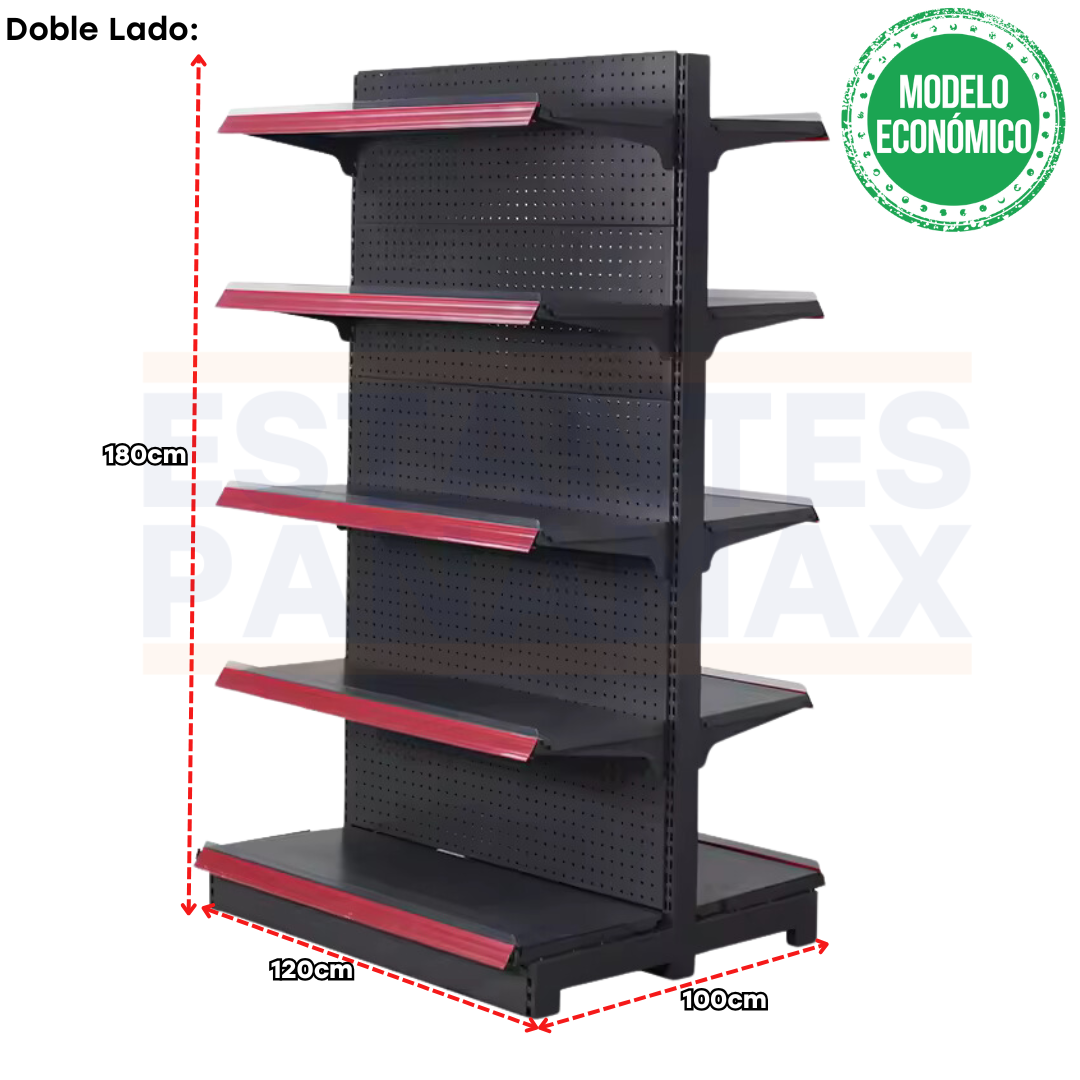 **MODELO ECONÓMICO** Góndola Doble Perforado Negro 5 Niveles 180x120x100cm 75kg/nivel PMX-3002-D