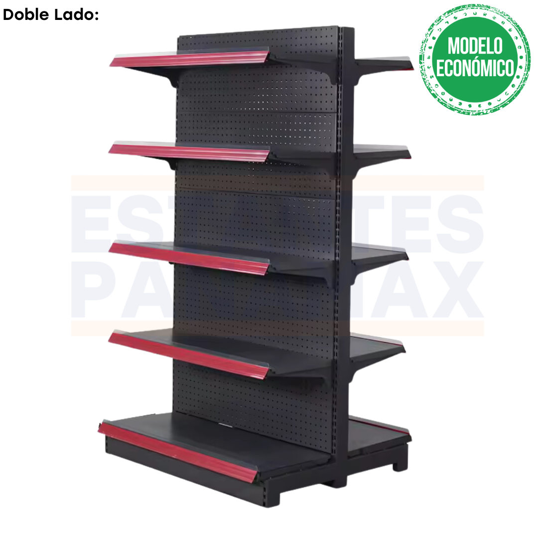 **MODELO ECONÓMICO** Góndola Doble Perforado Negro 5 Niveles 180x120x100cm 75kg/nivel PMX-3002-D