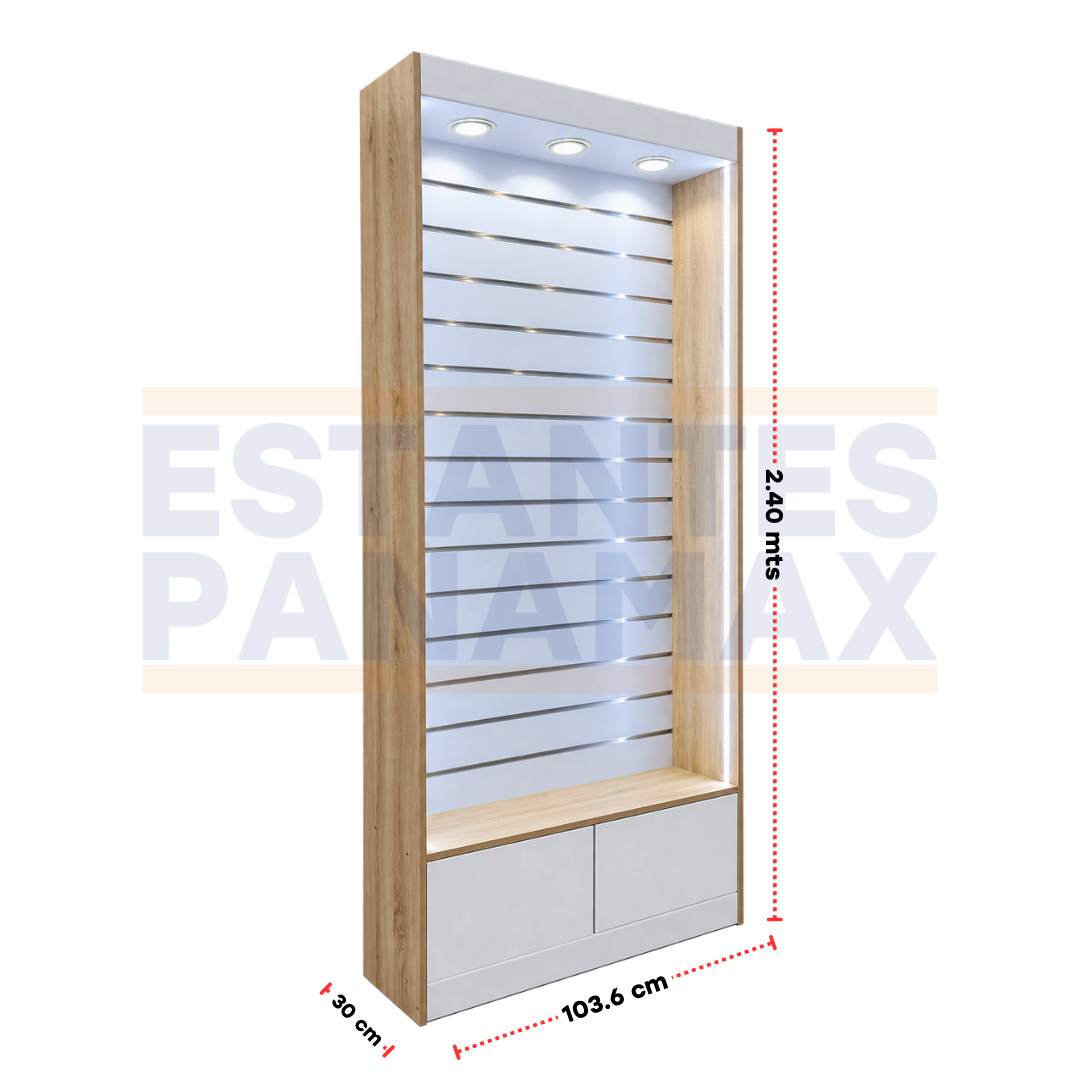 Exhibidor Comercial de Pared Ranurada Slatwall con Iluminación LED y Gabinete para Tiendas 240×103.6×30cm KW-028-103