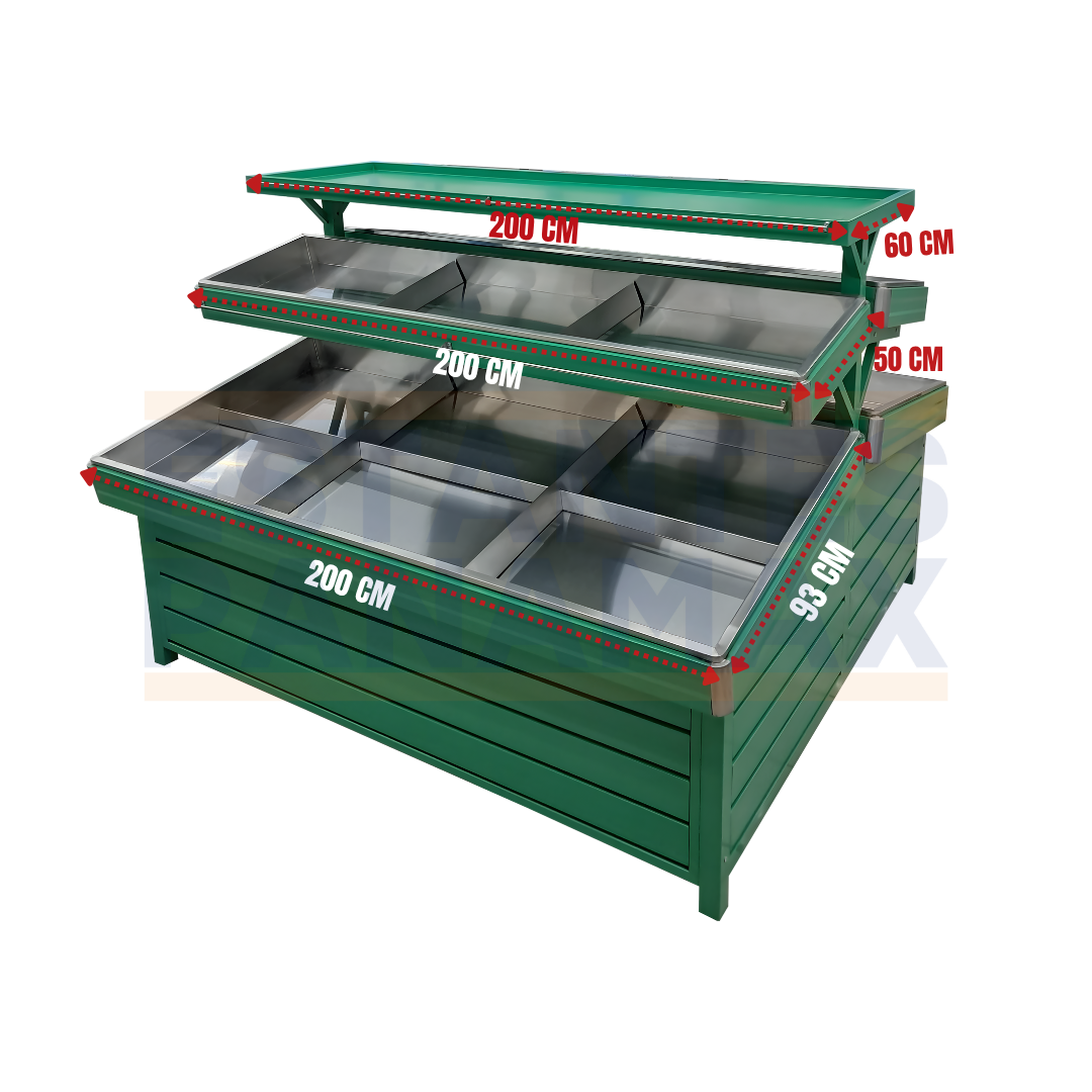 Mueble de Legumbre Doble Lado 3 Niveles de Metal Verde 145x200x200cm PMX-1308 Exhibidor. Frutas. Verdura.