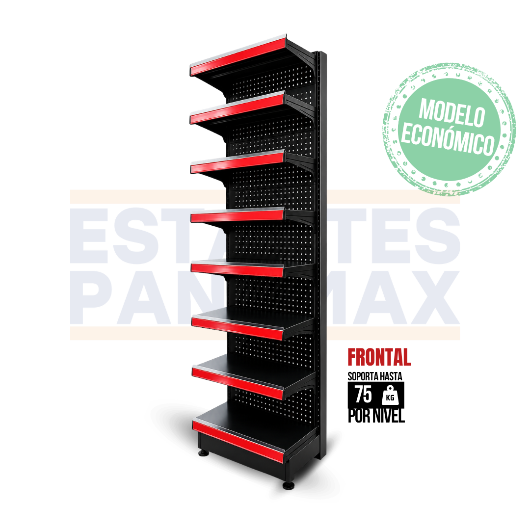 **MODELO ECONÓMICO** Góndola Frontal Perforado Negro 8 Niveles 200x60x33cm 75kg/nivel PMX-3005-F