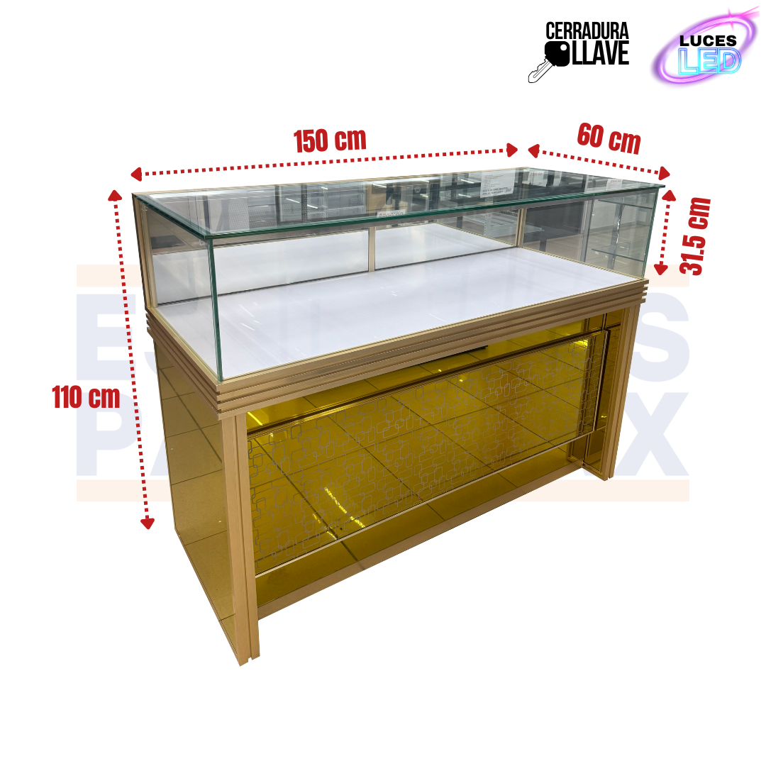 Vitrina para Joyería Color Dorado con LED y Cerradura con Llaves 110x150x60cm KW-025