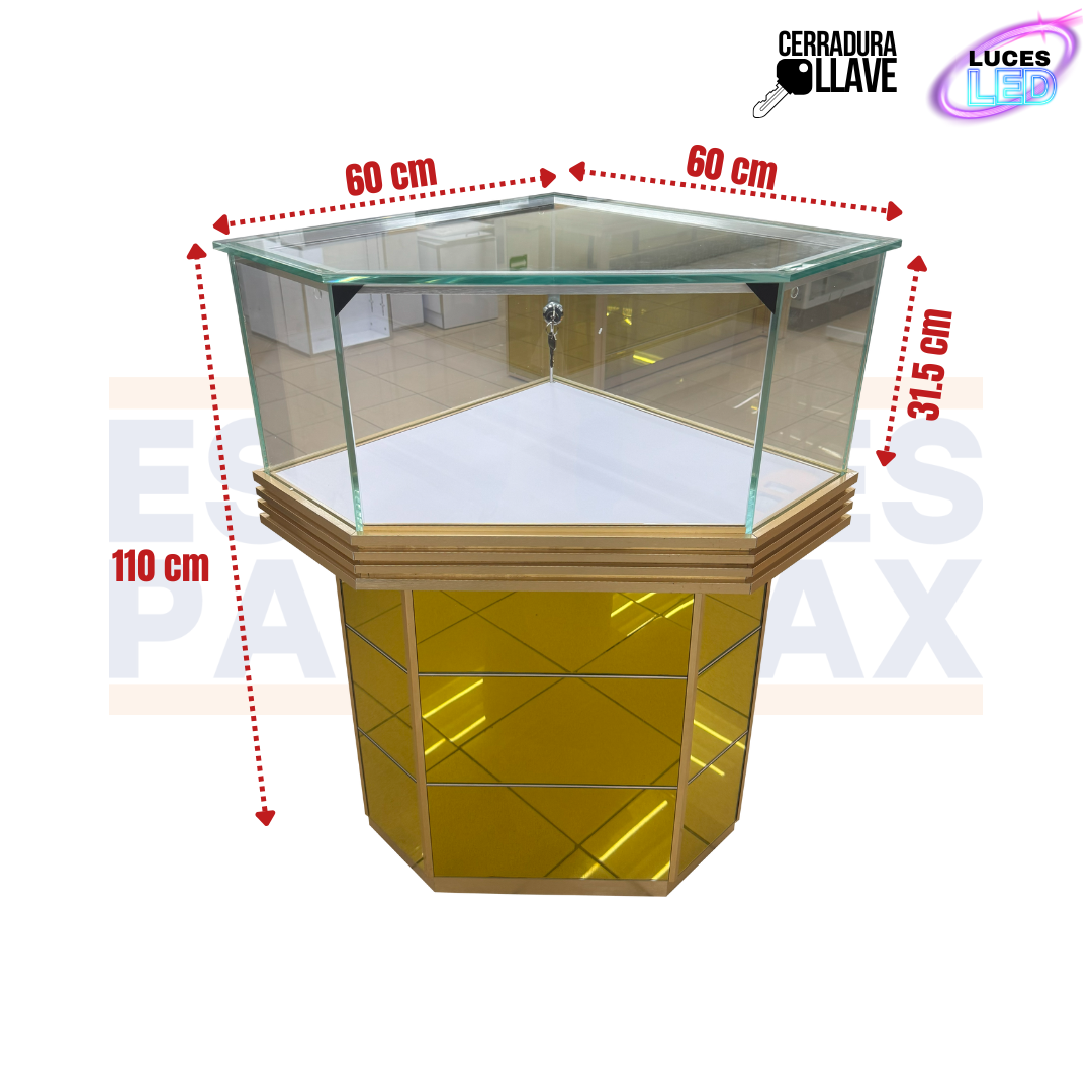 Esquinero para Joyería Color Dorado con LED y Cerradura con Llaves 110x60x60cm KW-025