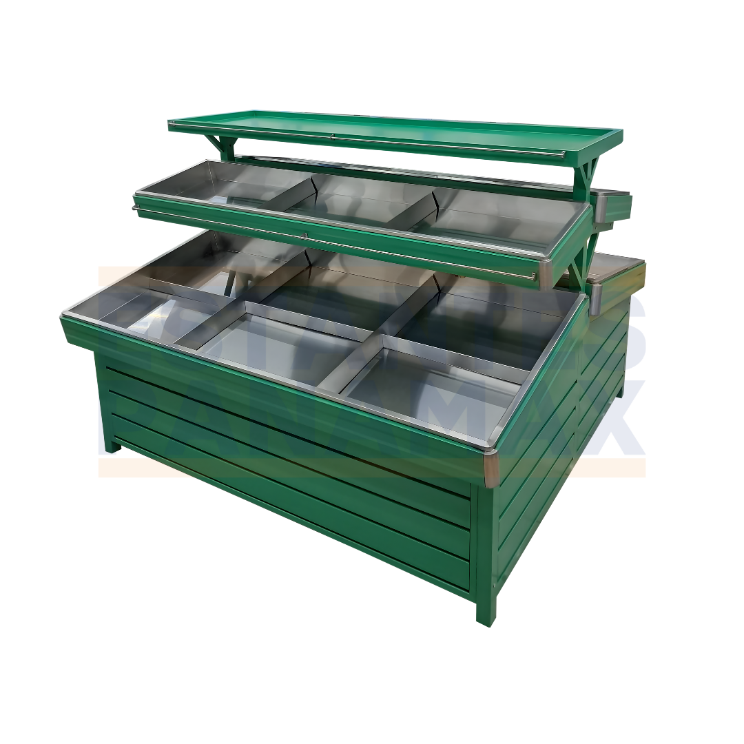Mueble de Legumbre Doble Lado 3 Niveles de Metal Verde 145x200x200cm PMX-1308 Exhibidor. Frutas. Verdura.