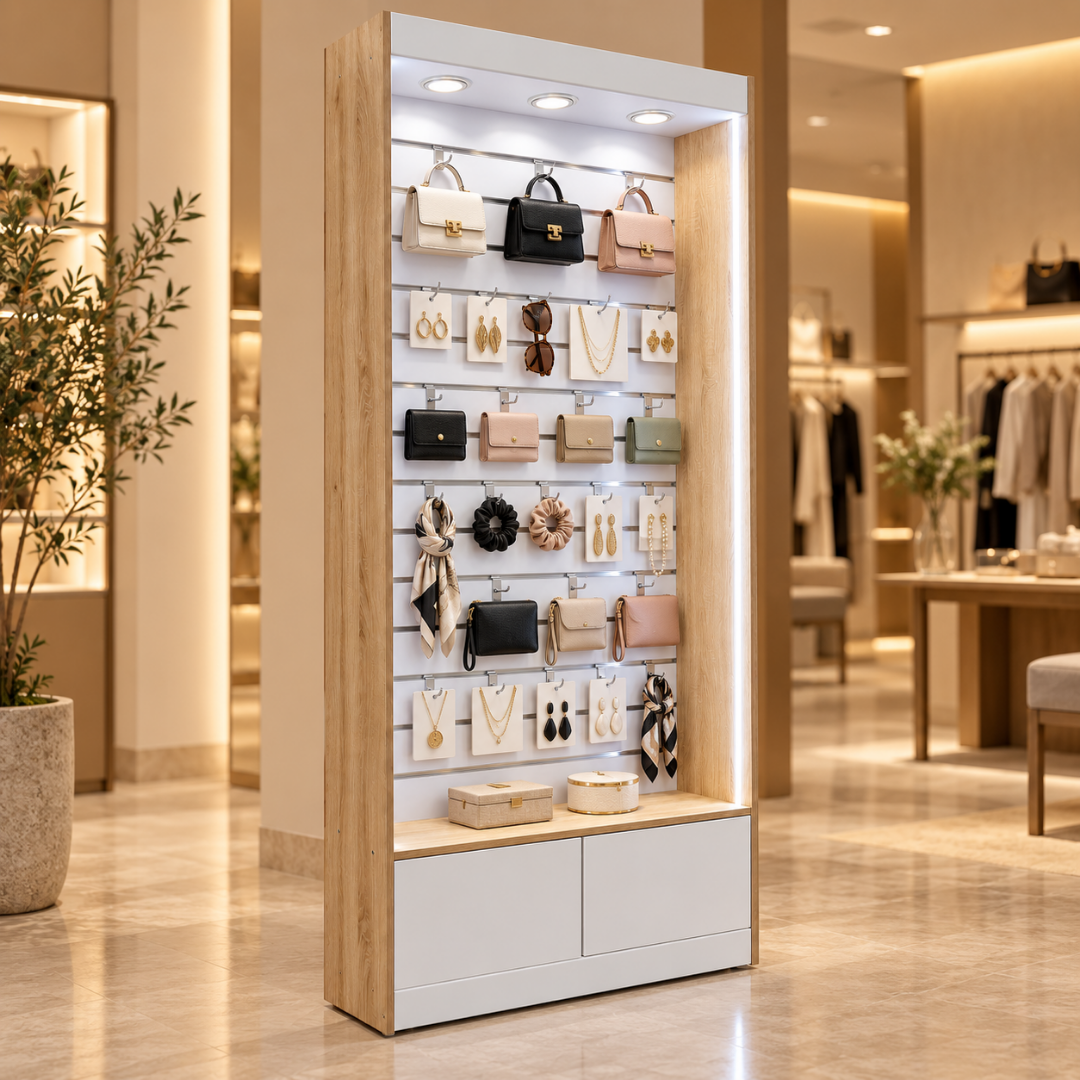 Exhibidor Comercial de Pared Ranurada Slatwall con Iluminación LED y Gabinete para Tiendas 240×103.6×30cm KW-028-103