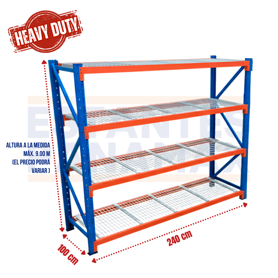 Rack de Bodega de Carga Pesada 1000kg/Nivel con Mallas 240x100cm PMX-1094 1 Tonelada. ***SE VENDE POR PIEZAS***