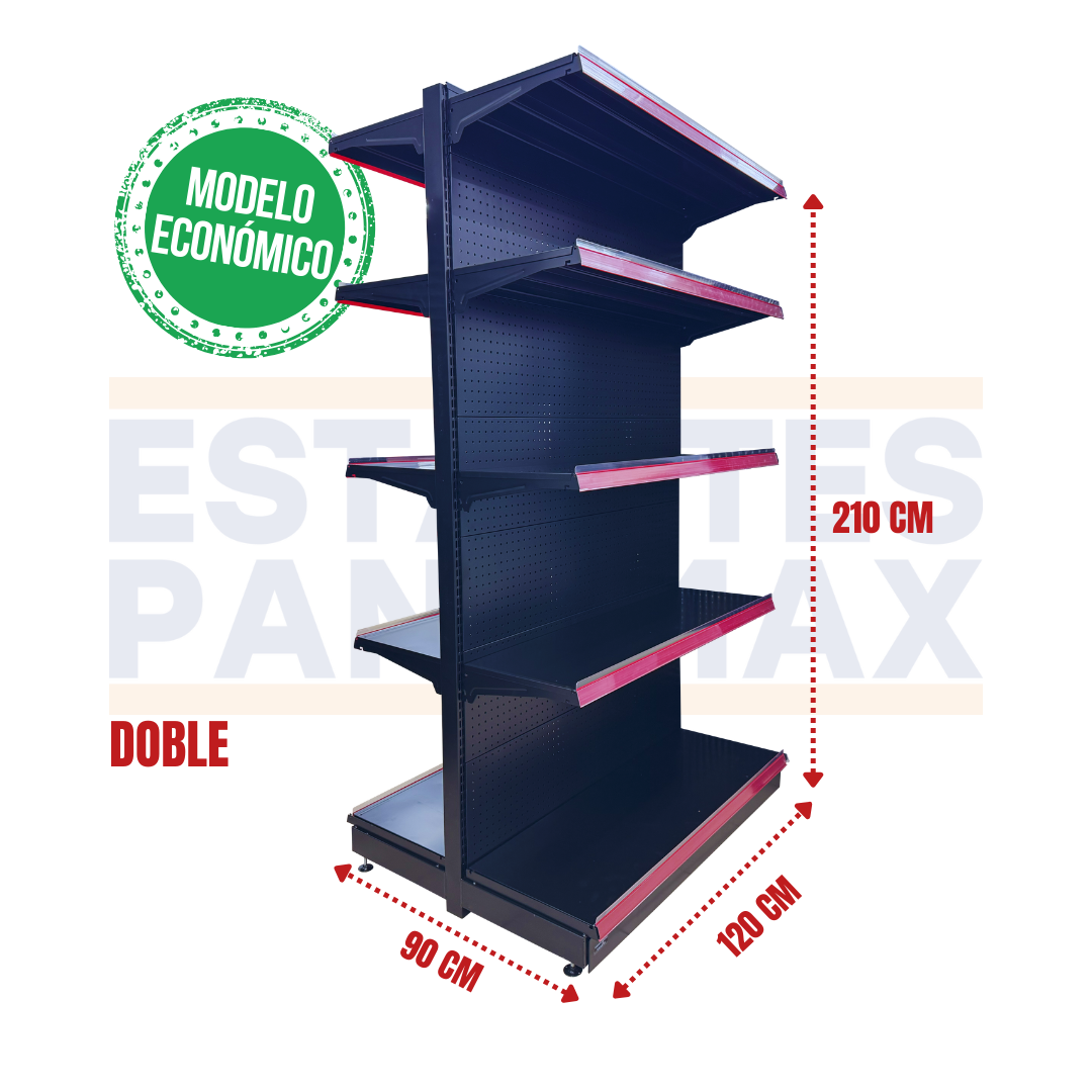 **MODELO ECONÓMICO** Góndola Doble Lado Perforado Negro 5 Niveles 210x120x90cm 75kg/nivel PMX-3007-D