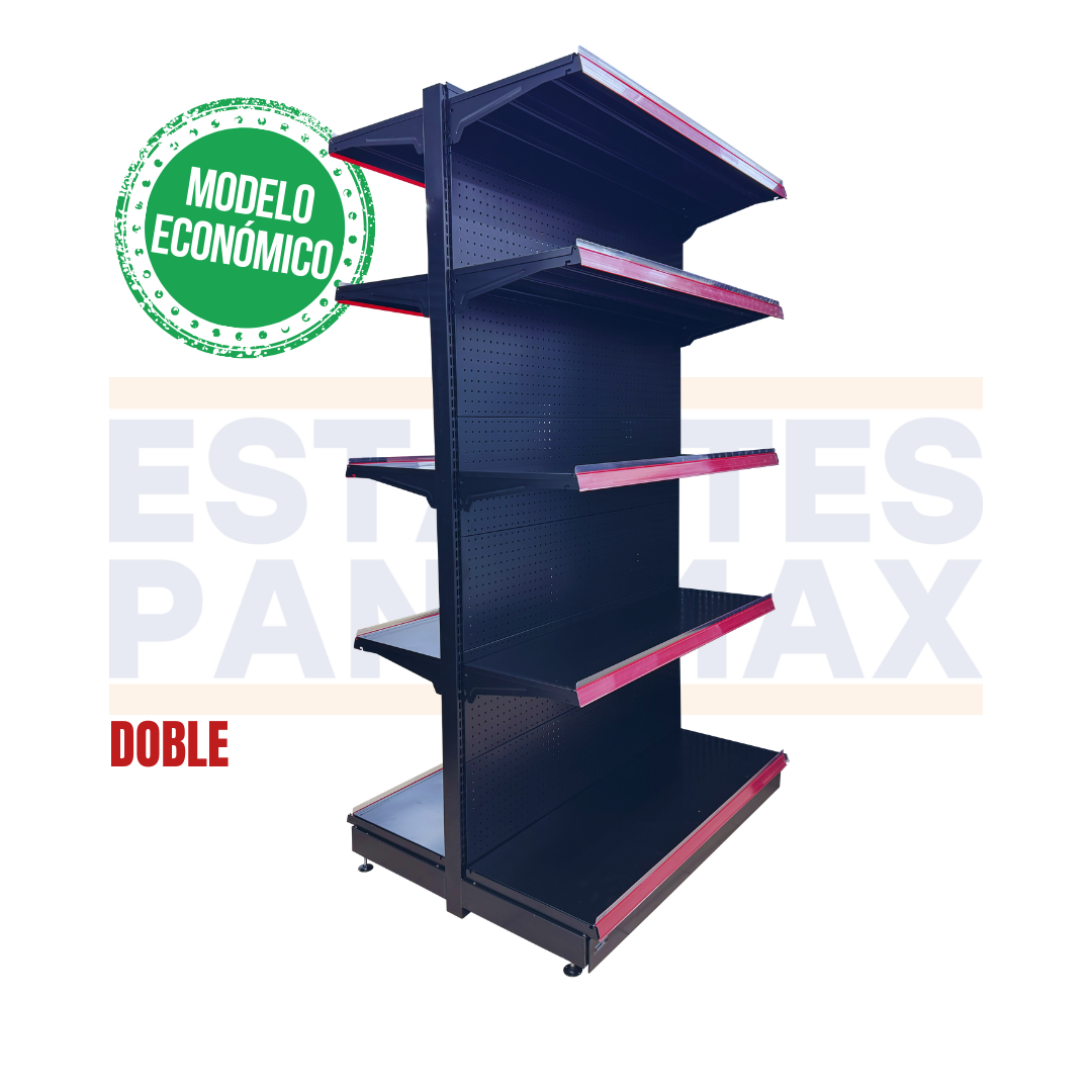 **MODELO ECONÓMICO** Góndola Doble Lado Perforado Negro 5 Niveles 210x120x90cm 75kg/nivel PMX-3007-D