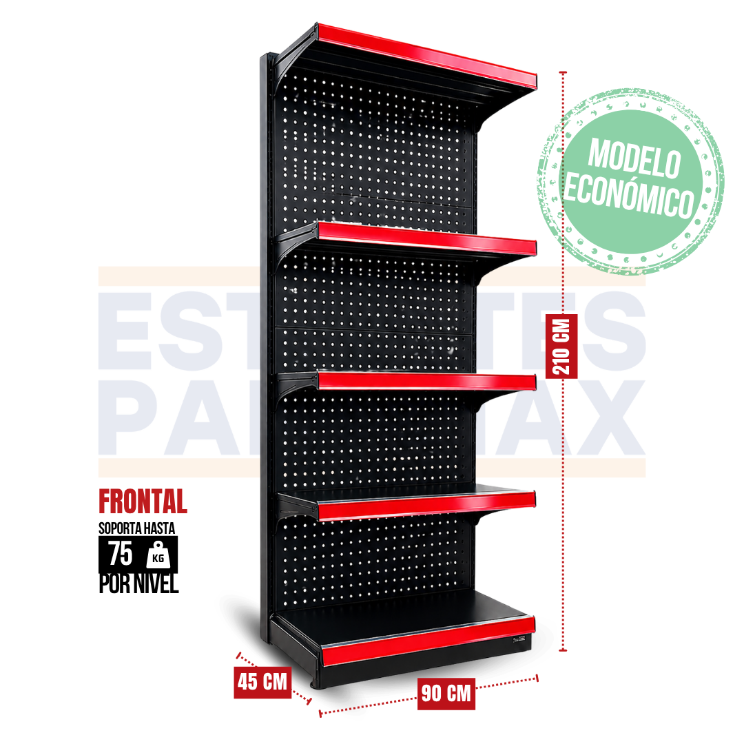 **MODELO ECONÓMICO** Góndola Frontal Perforado Negro 5 Niveles 210x90x45cm 75kg/nivel PMX-3007-F
