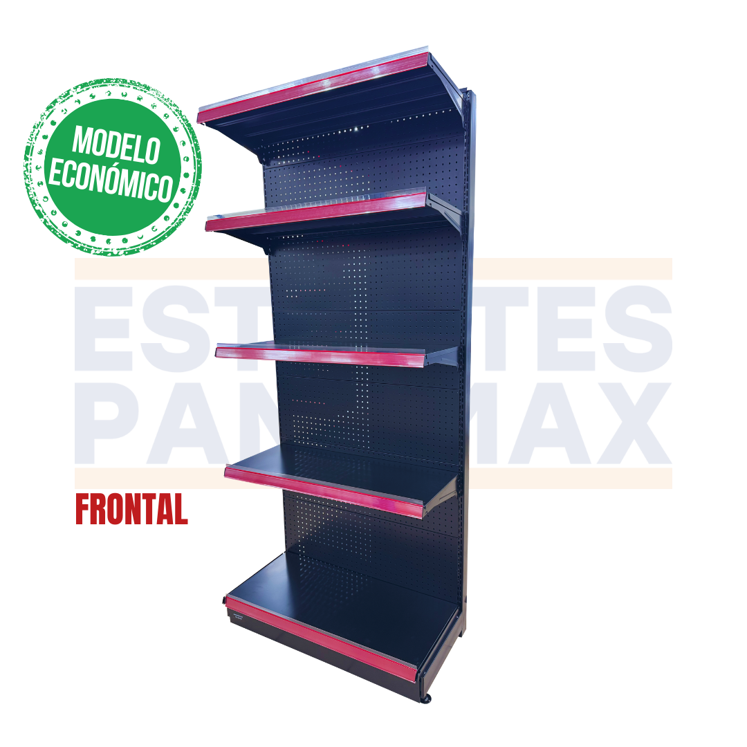 **MODELO ECONÓMICO** Góndola Frontal Perforado Negro 5 Niveles 210x90x45cm 75kg/nivel PMX-3007-F