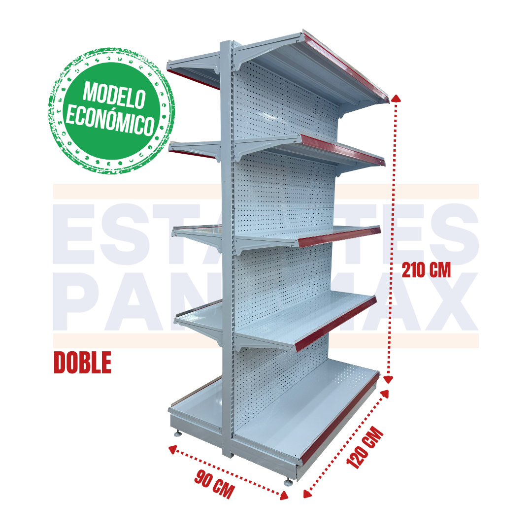 **MODELO ECONÓMICO** Góndola Doble Lado Perforado Blanco 5 Niveles 210x120x90cm 75kg/nivel PMX-3006-D