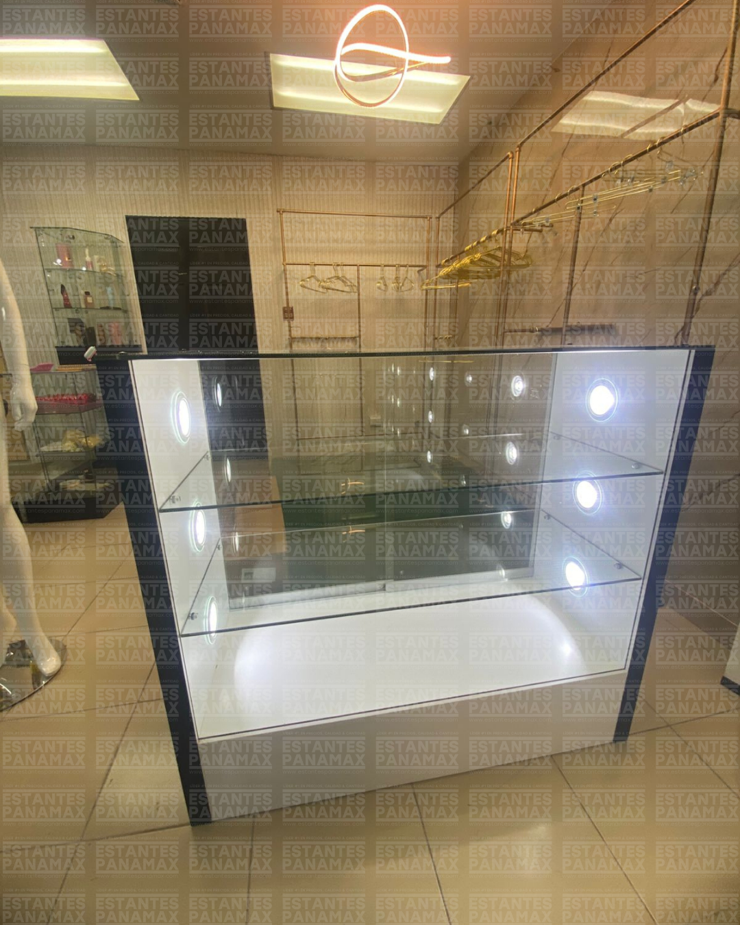 Vitrina Horizontal de MDF Blanco con 2 Niveles & Gaveteros con 6 Luces LED 110x120x50cm BNM24-006