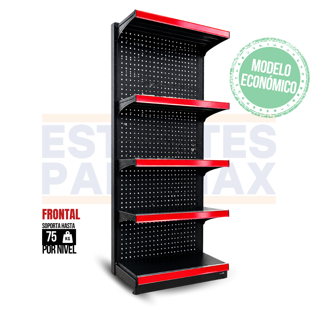 **MODELO ECONÓMICO** Góndola Frontal Perforado Negro 5 Niveles 210x90x45cm 75kg/nivel PMX-3007-F