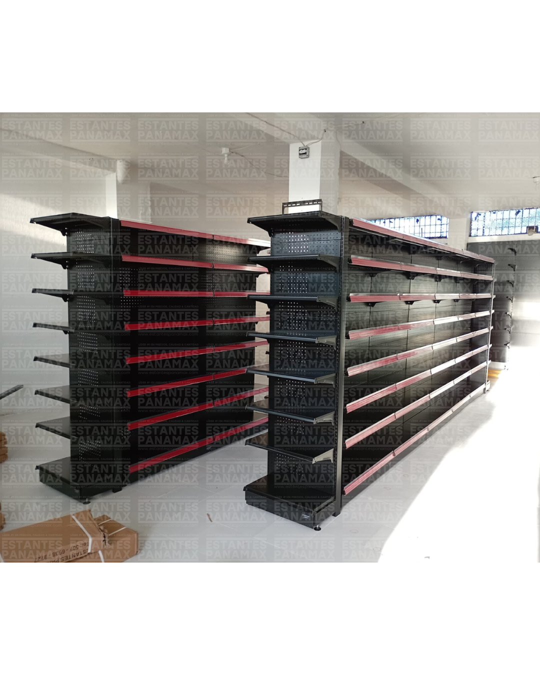 **MODELO ECONÓMICO** Góndola Doble Perforado Negro 8 Niveles 200x90x60cm 75kg/nivel PMX-3005-D