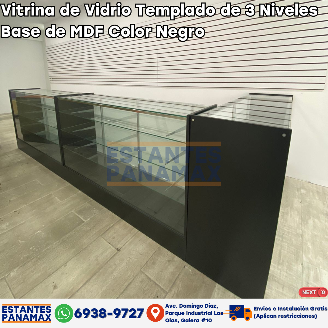 Vitrina de Vidrio Templado de 3 Niveles Base de MDF Color Negro 4 Tamaños BNM5