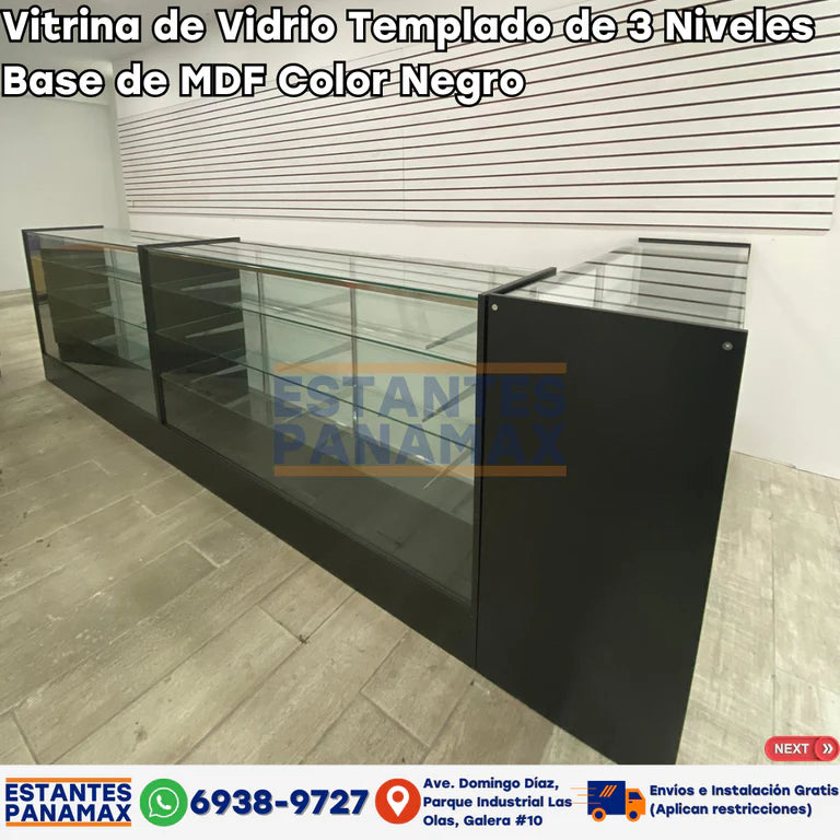 Vitrina de MDF Negro 3 Niveles de Vidrio Templado 110x120x50cm BNM5-4