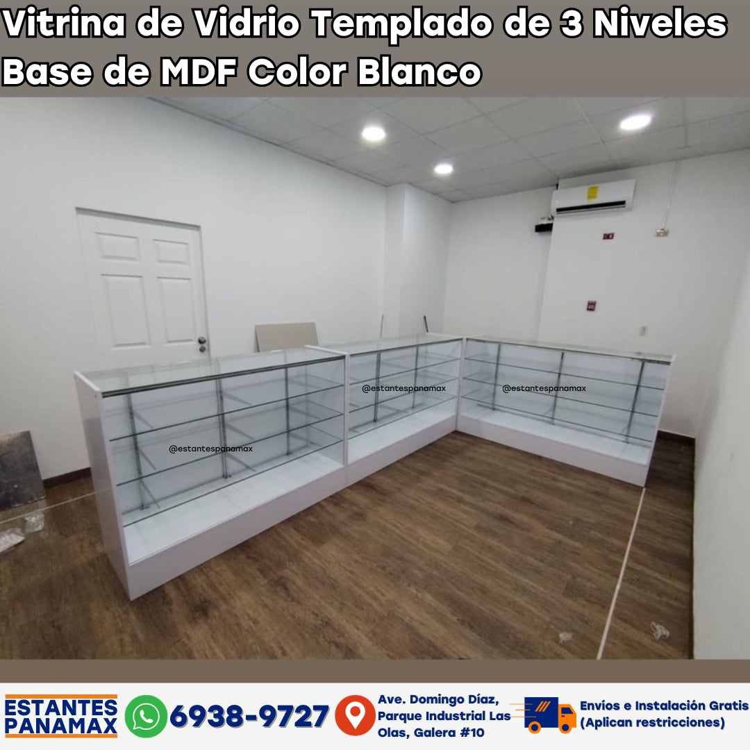 Vitrina de Vidrio Templado de 3 Niveles Base de MDF Color Blanco 4 Tamaños BNM5