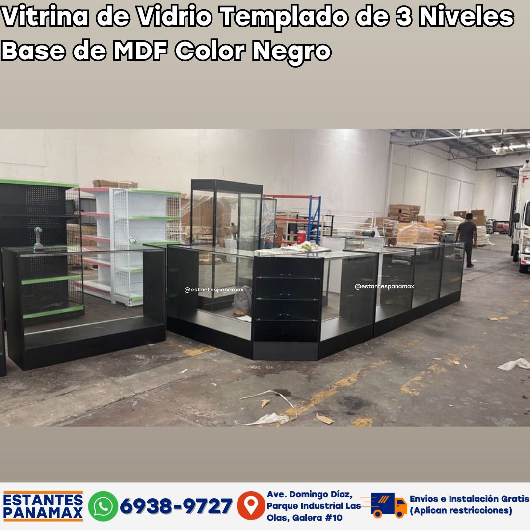 Vitrina de Vidrio Templado de 3 Niveles Base de MDF Color Negro 4 Tamaños BNM5