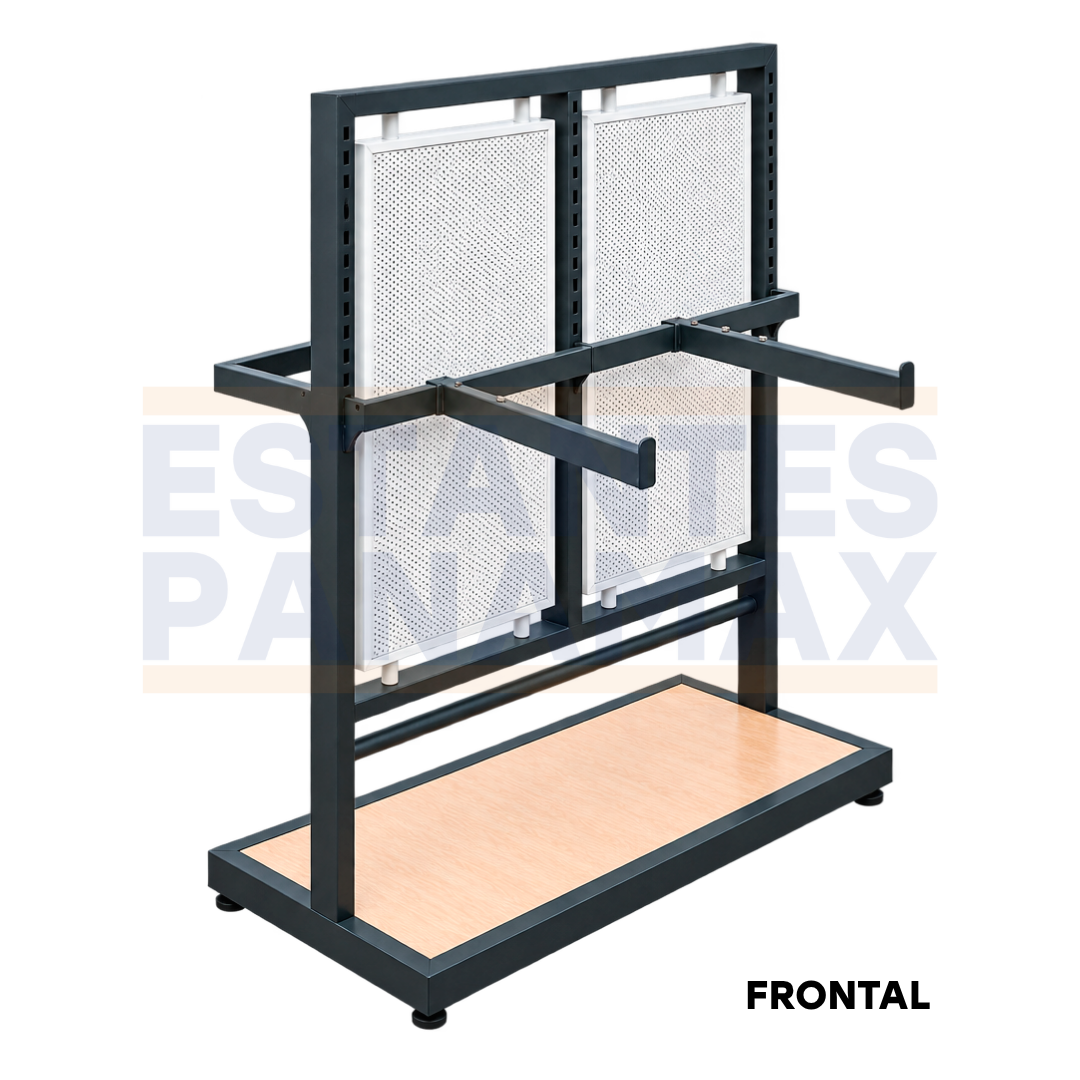 Exhibidor Comercial de Doble Cara para Tienda Ropa con Panel Perforado, Brazos para Colgar y Base de Madera 120x52x145cm XBH-CR34