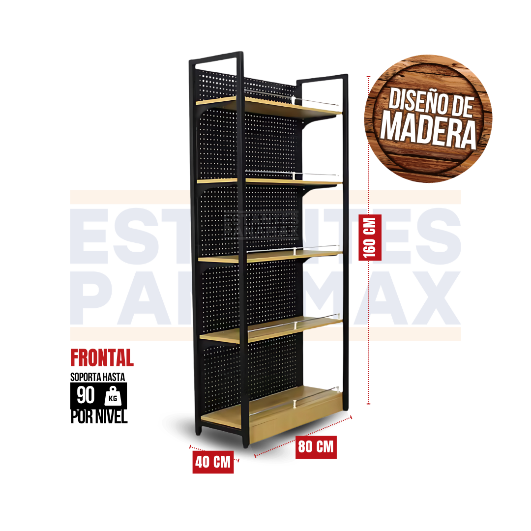 Góndola Frontal Perforado Negro con Diseño de Madera 5 Niveles 160x80x40cm 90kg/nivel PMX-1207