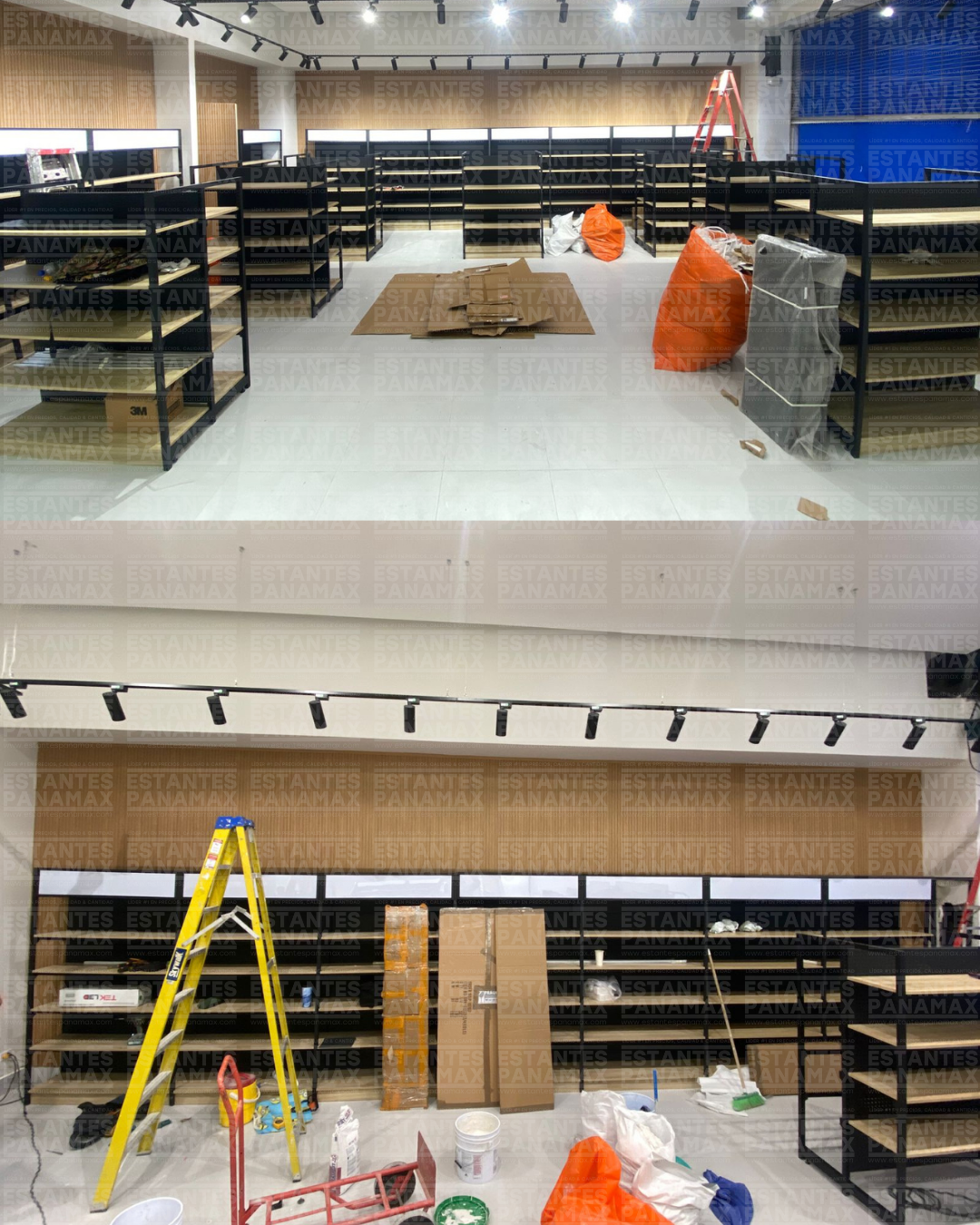 Góndola Pared Perforado Negro con Diseño de Madera 5 Niveles 200x120x40cm 90kg/nivel PMX-1208