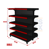 **CALIBRE MEDIO** Góndola Doble Liso + Perforado Negro 5 Niveles 150x120x100cm 150kg/nivel PMX-1375