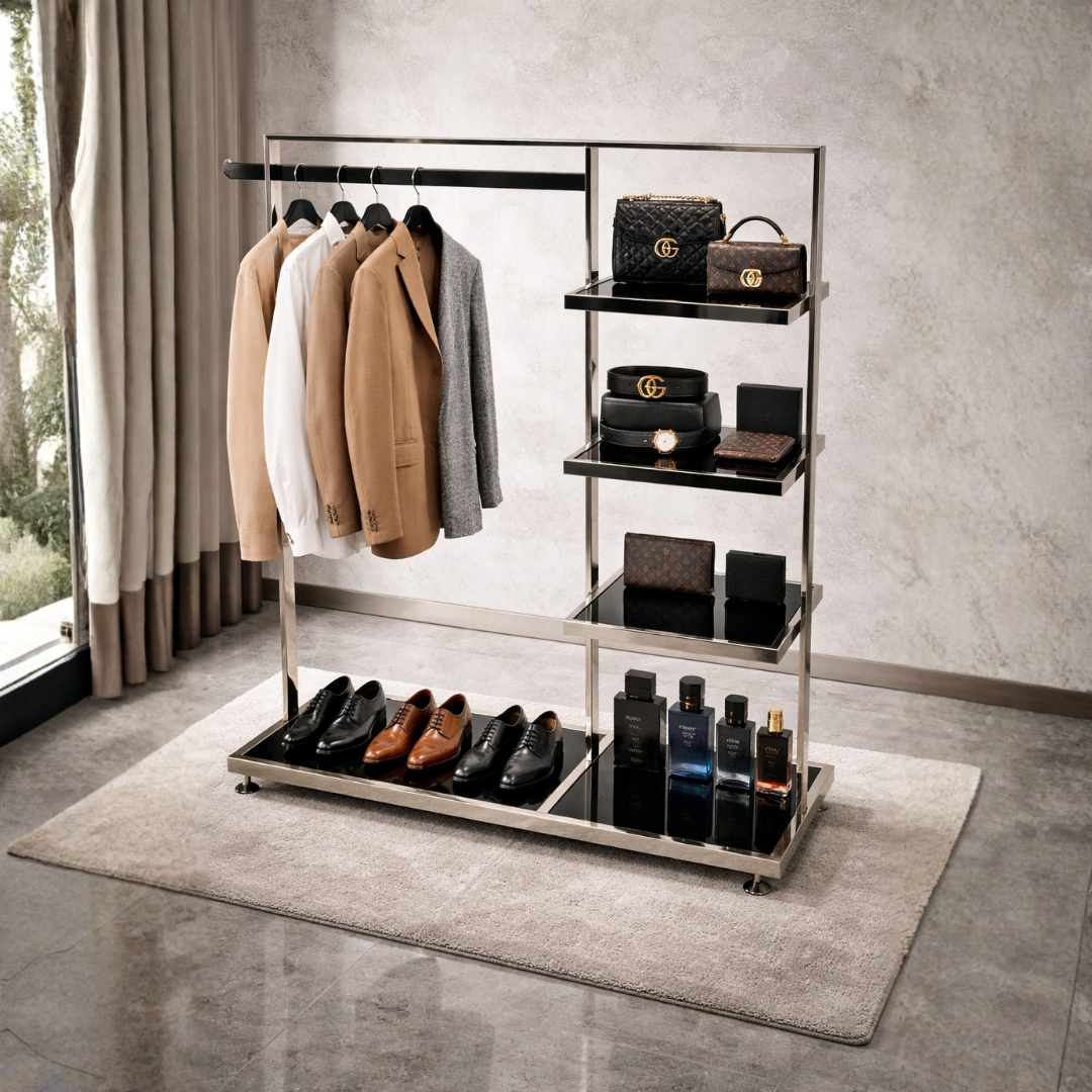 Perchero Exhibidor de Ropa Metal Cromado con Negro 140x120x45cm XBH-CR15