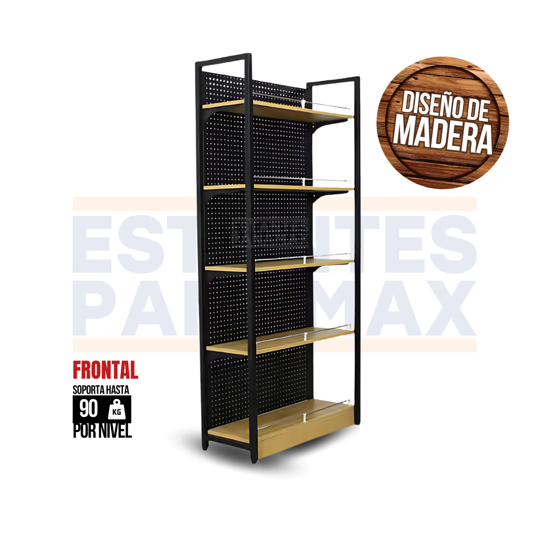 Góndola Frontal Perforado Negro con Diseño de Madera 5 Niveles 160x80x40cm 90kg/nivel PMX-1207