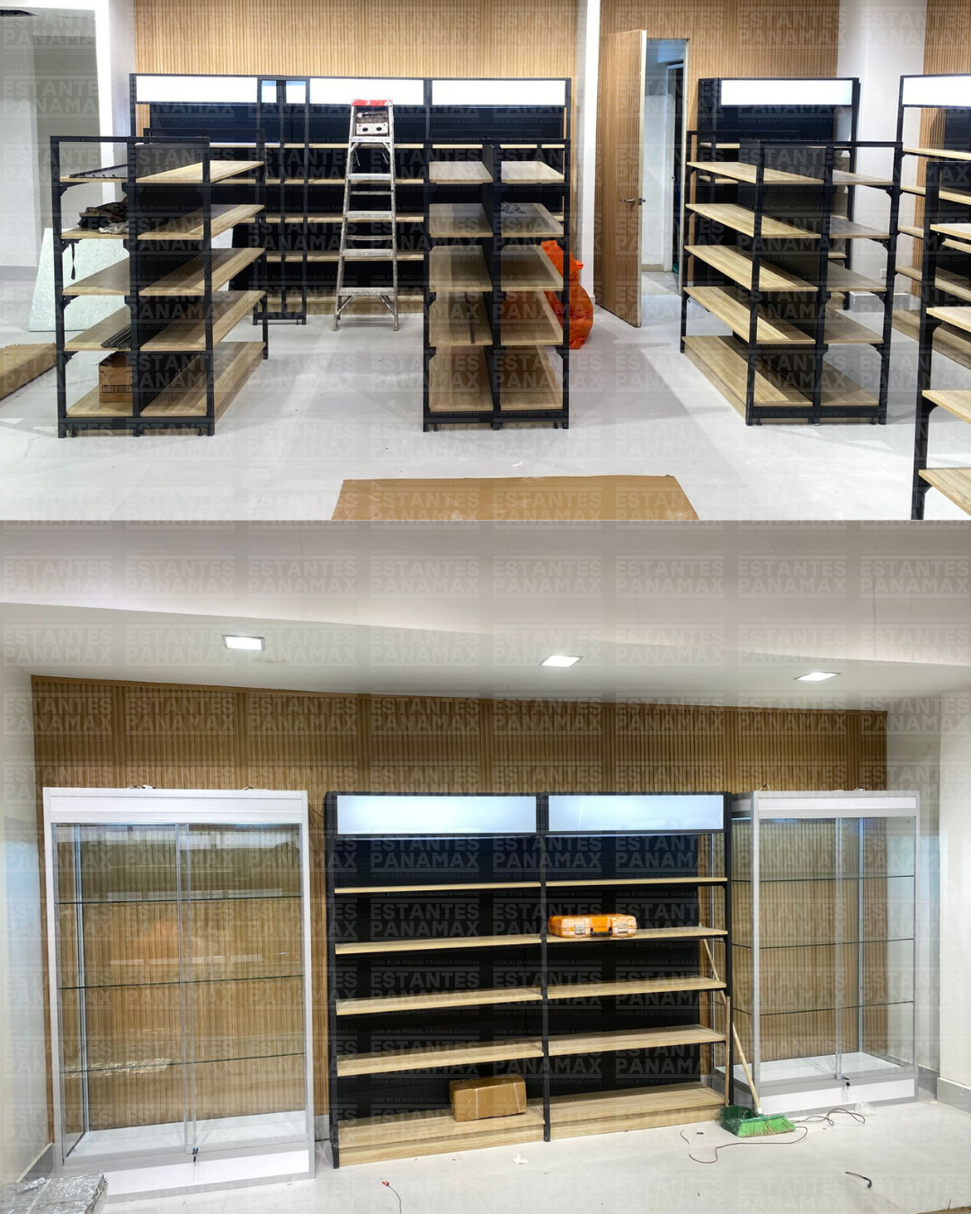 Góndola Pared Perforado Negro con Diseño de Madera 5 Niveles 200x120x40cm 90kg/nivel PMX-1208