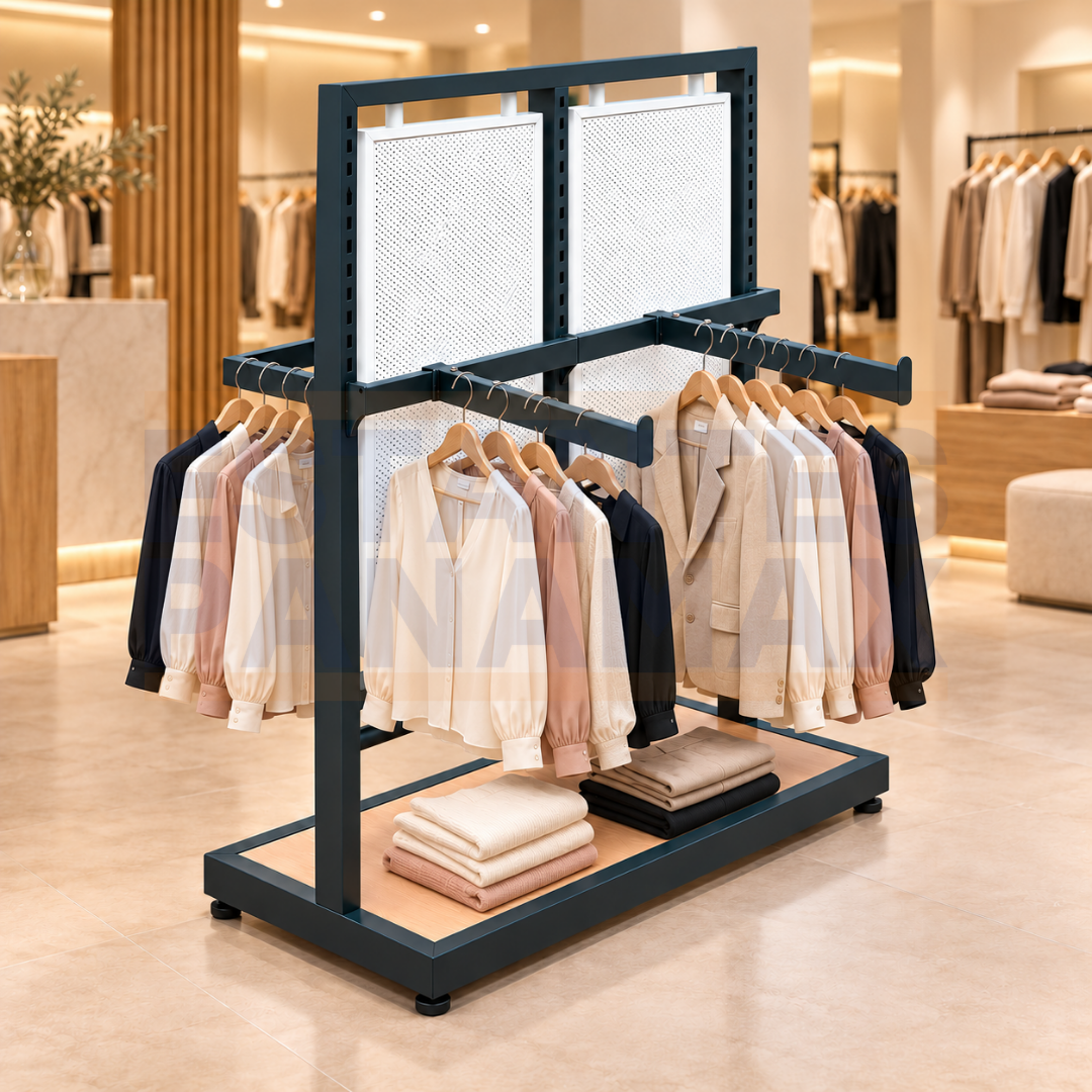 Exhibidor Comercial de Doble Cara para Tienda Ropa con Panel Perforado, Brazos para Colgar y Base de Madera 120x52x145cm XBH-CR34