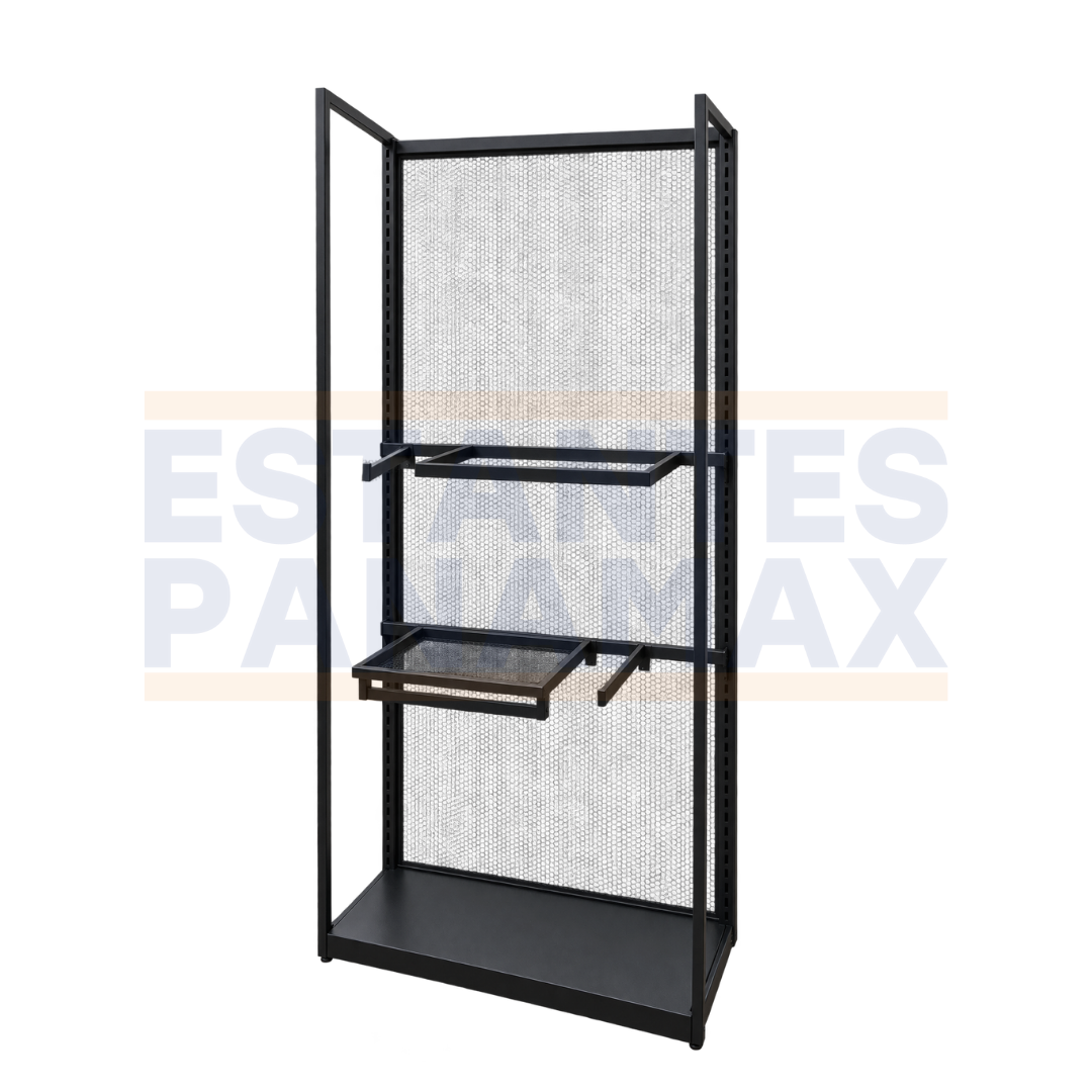 Exhibidor Comercial Metálico de Piso con Panel de Malla, Repisas y Brazos para Colgar Productos Ropas 120x43x260cm XBH-CR33