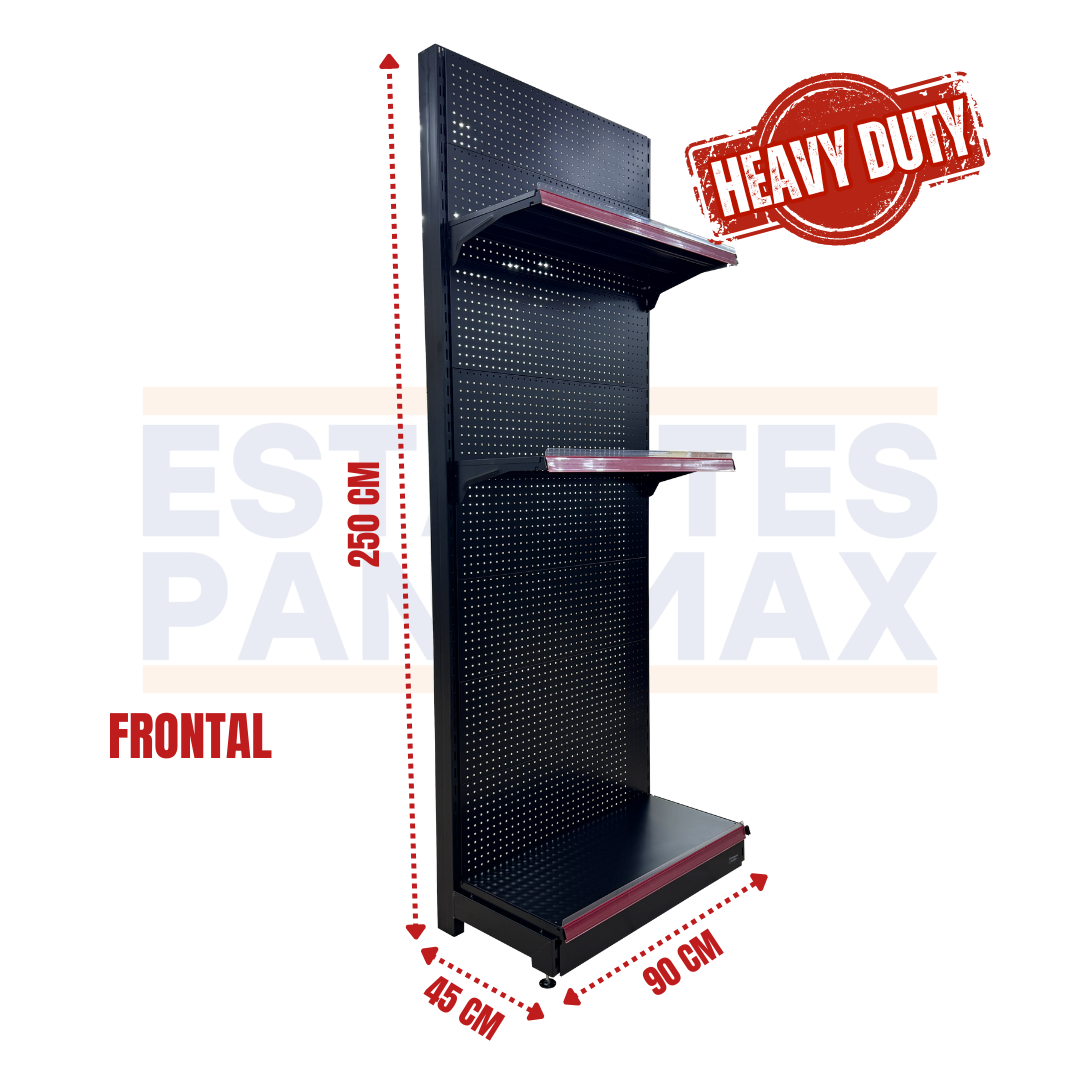 **CALIBRE GRUESO** Góndola Frontal Perforado Negro 3 Niveles 250x90x45cm 250kg/nivel PMX-7001-F