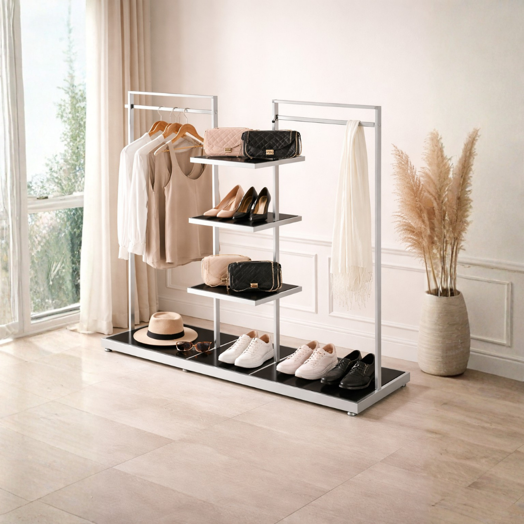 Perchero Exhibidor de Ropa Metal Cromado con Negro 140x155x45cm XBH-CR16