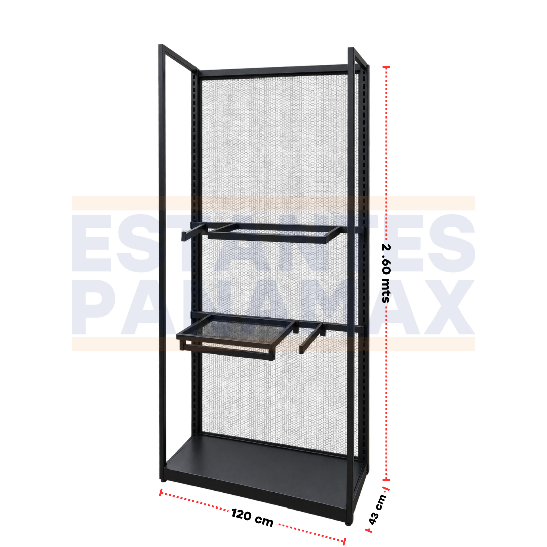 Exhibidor Comercial Metálico de Piso con Panel de Malla, Repisas y Brazos para Colgar Productos Ropas 120x43x260cm XBH-CR33